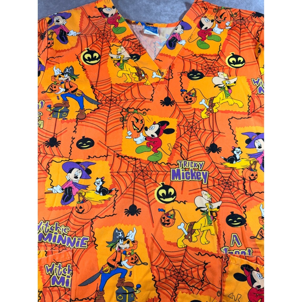 Disney Halloween Scrub Top XL Mickey Minnie Goofy Pluto Orange V-Neck Pockets - Picture 3 of 6